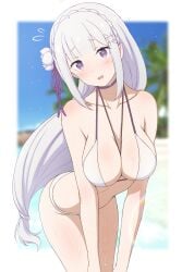 1girls beach belly breasts cleavage elf elf_ears elf_female elf_girl emilia_(re:zero) fz064 half_naked hips leaning_forward looking_at_viewer muke_(fz064) partially_clothed purple_eyes re:zero_kara_hajimeru_isekai_seikatsu silver_hair solo standing swimsuit thighs wet