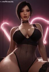 ada_wong ai_generated bare_shoulders black_hair choker cleavage female fishnets goth large_breasts leotard lips minomixai navel neon_lights resident_evil short_hair sitting solo staring_at_viewer thick_thighs thighhighs