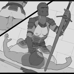 exposed_breasts female_on_top femdom for_honor greyscale helmet masked_female partially_clothed riding riding_penis sword vaginal_penetration vaginal_sex warden_(for_honor)