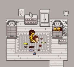 1boy 2girls 2girls1boy accurate_art_style after_sex aged_up animated animated_gif bedroom bedroom_sex chara chara_(undertale) closed_eyes clothes_on_floor completely_nude completely_nude_female completely_nude_male cum cum_inside cumflated_belly cumflation deltarune doggy_style frisk frisk_(undertale) gif hand_on_head kris_(deltarune) moaning pale-skinned_female pale_skin pixel_(artwork) pixel_animation pixel_art tagme theevilfallenone toby_fox undertale undertale_(series) yellow_skin