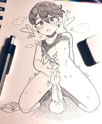 1boy black_hair cumming dildo dildo_in_ass eraser femboy gameboy gay male_only masturbation omori omori_(character) pale_skin pencil_(artwork) pencil_(object) shirt_lift sketchbook theblmaster