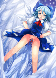 90i blood blue_eyes blue_hair bow cirno crying dress fairy female_ejaculation guro hands_on_hips highres ice impaled impalement orgasm pussy pussy_juice spike tear touhou uncensored virgin wings