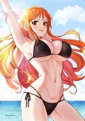 1girls alternate_costume armpits arms_up bangle bikini black_bikini blue_sky blush bracelet breasts cleavage closed_mouth cloud cloudy_sky commentary_request cowboy_shot earrings female floating_hair gluteal_fold hand_on_own_arm highres horizon jewelry large_breasts lips long_hair looking_at_viewer nami_(one_piece) navel ocean one_piece orange_eyes orange_hair orange_hair_female oregano551 outdoors pearl_earrings pink_lips side-tie_bikini_bottom sidelocks sky solo stomach string_bikini sunlight swimsuit twitter_username underboob wavy_hair