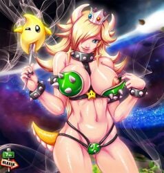 1girls 7th-heaven armlet bikini blonde_hair blue_eyes bowser_(cosplay) bracelet breasts collar cosplay crown earrings fake_horns fake_tail green_bikini green_swimsuit hair_over_one_eye holding_wand horns large_breasts long_hair looking_at_viewer luma mario_(series) midriff navel nintendo nipples painted_fingernails princess_rosalina shell_bikini spiked_armlet spiked_bracelet star_earrings swimsuit tail wand