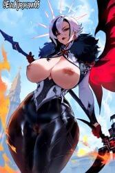 ai_generated arlecchino_(genshin_impact) evilkuro05 genshin_impact massive_breasts red_crown red_wings scythe standing thiccwithaq_(ai_style) thick_hips thick_legs voluptuous_female