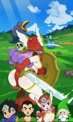 1girls 3boys armor ass battle_armor breasts dragon_quest dragon_quest_iii fantasy female female_focus fighter_(dq3) gameplay_mechanics hero_(dq3) hibaneim mage_(dq3) male multiple_boys purple_hair revealing_armor revealing_clothes roto rpg shield slime_(dragon_quest) soldier_(dq3) stark_raven sword