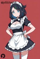 1girls ai_generated alternate_costume apron bangs black_dress black_hair blue_eyes blue_hair breasts cleavage cleavage_cutout closed_mouth cowboy_shot dress female frills hair_ornament hairclip hands_on_hips liko_(pokemon) looking_at_viewer maid maid_apron maid_headdress medium_breasts medium_hair multicolored_hair pikkiwynn pokemon pokemon_(anime) pokemon_horizons puffy_short_sleeves puffy_sleeves red_background short_hair short_sleeves simple_background solo thighhighs two-tone_hair white_apron white_thighhighs zettai_ryouiki