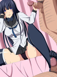 bed blue_hair blush breasts censored cfnm clothing feet footbang footjob footwear handjob kampfer large_breasts long_hair panties pubic_hair sangou_shizuku school_uniform skirt socks spread_legs sweat threesome underwear