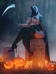 1girls 3d 3d_(artwork) batesz big_breasts death death_(personification) faceless_female female_focus female_only grim_reaper high_heels latex_clothing latex_suit latex_thighhighs looking_at_viewer pasties pose scythe seductive_look sitting solo_female solo_focus taped_nipples