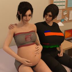 2girls 3d ada_wong bitch black_hair breasts claire_redfield female female_pervert female_sub hooker large_breasts long_hair medium_breasts pervert pregnant resident_evil sex_invitation short_hair stretched_clothing submission