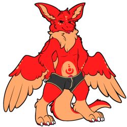 4_toes brown_eyes bulge clothing feathered_wings feathers feet furry male mane minedash_(character) red_body smile solo standing symrea telegram_sticker toes underwear wings