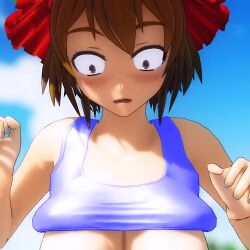 1girls 3d animated bare_shoulders big_breasts blurry blurry_background breasts brown_eyes brown_hair busty cloud confident grape_hat_ornament hands_on_hips hat jiggle large_breasts leaning_forward looking_at_breasts looking_at_viewer looking_down minoriko_aki mofumoko5 out-of-frame_censoring outdoors pose posing red_hat rei_no_pool seductive seductive_look seductive_smile sensual short_hair sky smile solo sports_bra standing surprised tagme teasing touhou underboob upper_body video wardrobe_malfunction
