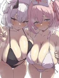 2girls alternate_costume asymmetrical_docking bare_shoulders bikini black_bikini blue_archive blush breast_press breasts closed_mouth collarbone cowboy_shot gehenna_academy_student halo hat highres horns horny horny_female in_heat large_breasts looking_at_viewer medical_emergency_club_(blue_archive) metsu_end multiple_girls naughty_face naughty_smile navel nurse_cap pink_eyes pink_hair remedial_knights_(blue_archive) sena_(blue_archive) serina_(blue_archive) short_hair side-tie_bikini_bottom simple_background skindentation smile steam steaming_body sweat swimsuit symmetrical_docking trinity_general_school_student white_background white_bikini white_hair yellow_eyes