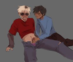 2boys black_hair black_hair_male blonde_hair blonde_hair blonde_hair blonde_hair blonde_hair_male dave_strider dickmien gay glasses handjob homestuck john_egbert male mostly_clothed short_hair short_hair_male sunglasses yaoi