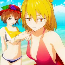 2girls 3d aki_minoriko aki_shizuha animated annoyed arms_behind_back bare_shoulders beach big_breasts bikini blonde_hair bouncing_breasts bracelet breast_envy breasts brown_eyes brown_hair busty closed_mouth cloud confident frown grape_hat_ornament hairband hat jealous jewelry jiggle large_breasts leaning_forward looking_at_viewer medium_hair minoriko_aki mofumoko5 multiple_girls navel ocean outdoors sand sensual shizuha_aki short_hair siblings sisters sky small_breasts smile sports_bra standing swimsuit tagme touhou underboob video water