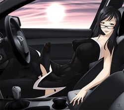 1futa bare_shoulders black black_hair breasts bulge car car_interior character_request dress erect_nipples erection erection_in_panties futa_only futanari glasses hair intersex large_breasts large_penis long_hair looking_at_viewer panties penis penis_in_panties penis_under_clothes puffy_nipples sitting solo source_request steering_wheel stockings sunset thighhighs tk-47 tk83