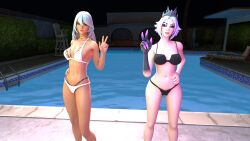 2girls aphrodite aphrodite_(fortnite) breasts fortnite fortnite:_battle_royale light-skinned_female light_skin long_hair looking_at_viewer medium_breasts persephone persephone_(fortnite) pool short_hair swimming_pool swimsuit swimwear white_hair zen_art