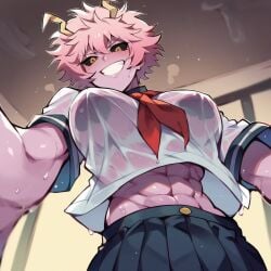 abs ai_generated aiposter ashido_mina breasts horns midriff mina_ashido my_hero_academia orange_eyes pink_body pink_hair reaching_out reaching_towards_viewer school_uniform see-through see-through_clothing smile steaming_body sweat sweatdrop sweating sweaty sweaty_body sweaty_breasts wet wet_body wet_clothes wet_clothing