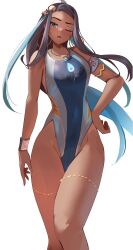 1girls black_hair blue_eyes blue_hair dark_skin hand_on_hip human jpeg long_hair looking_at_viewer momdy_(talesshinja) nessa_(pokemon) nintendo one-piece_swimsuit pokemon pokemon_ss solo swimsuit thighs two_tone_hair