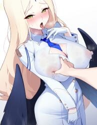 1other ayumu_(blue_archive) black_wings blonde_hair blue_archive blue_necktie blush breasts cleavage cleavage_cutout clothing_cutout covered_nipples dress female forehead_jewel gem gensui_hime gloves grabbing grabbing_another's_breast green_eyes highres lactation large_breasts long_hair long_sleeves meme necktie nejime parted_bangs pov_cheek_grabbing_(meme) simple_background tongue tongue_out very_long_hair white_background white_dress white_gloves wings