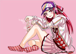 baseball_cap beatmania beatmania_iidx blush cum cum_on_clothes cum_on_panties feet footwear hat jacket jewelry long_hair necklace panties pleated_skirt red_eyes red_hair skirt smell socks solo umegiri_ameto underwear