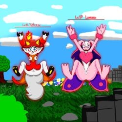absurd_res anthro breasts defeated duo falling female fur gameplay_mechanics genitals gui hands_above_head health_bar hi_res ima_thing lovander mammal pal_(species) palworld pawpads paws platformer_death_pose pocketpair pussy raised_foot spread_legs spreading tail wixen