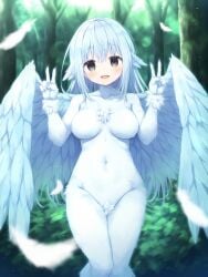 1girls ai_generated bent_legs black_eyes breasts_apart facing_viewer feathers forest harpy leaf leaves looking_at_viewer medium_breasts medium_hair monster_girl nude open_mouth peace_sign pointy_chin spread_wings standing tree trees
