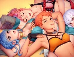 4girls alternate_costume armpits arms_up artist_name bare_shoulders between_breasts bikini blue_bikini blue_hair blue_sports_bra blue_swimsuit blush braid breasts cleavage closed_eyes collarbone cross-laced_clothes crown_braid eyewear_on_head female female_only fire_emblem fire_emblem:_three_houses fire_emblem_heroes grabbing grabbing_another&#039;s_breast grey_hair head_on_another&#039;s_stomach hilda_valentine_goneril hilda_valentine_goneril_(summer) jewelry large_breasts leonie_pinelli leonie_pinelli_(summer) looking_at_viewer lying lysithea_von_ordelia marianne_von_edmund marianne_von_edmund_(summer) medium_breasts multiple_girls neck_ring nintendo nose official_alternate_costume on_back one_eye_closed orange_bikini orange_eyes orange_hair orange_sports_bra orange_swimsuit pink_bikini pink_eyes pink_hair pink_swimsuit purple_eyes smile sports_bra swimsuit teeth tinted_eyewear tongue tongue_out tsuaii upper_teeth_only