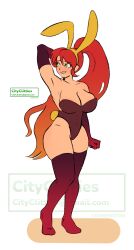 bashful big_ass big_breasts bunny_costume bunny_ears bunnysuit cityclitties female_only green_eyes hourglass_figure long_hair looking_away nervous playboy_bunny ponytail pyrrha_nikos red_hair rwby socks solo_focus thighhighs