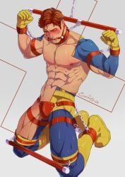 1boy abs bara blue_bodysuit blush bodysuit boots bound bound_ankles bound_arms bound_wrists brown_hair bulge chains clenched_hands cyclops_(x-men) evinist gagged gloves highres kneeling large_pectorals male_focus male_only marvel muscular muscular_male navel nipples pectorals red_eyes restrained short_hair solo thick_thighs thighs x-men yellow_gloves