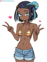 1girls alternate_hairstyle big_earrings bikini black_hair blue_eyes blue_hair breasts dark_skin double_v earrings gold_bikini hearts hoop_earrings looking_at_viewer midriff nessa_(pokemon) nintendo pokemon pokemon_ss short_hair shorts smile solo tobias_wheller tomboy two_tone_hair v v-sign