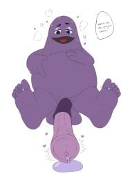 4_fingers 5_toes balls ballsack big_balls big_cock big_dick big_penis cock dialogue dick digital_drawing_(artwork) digital_media_(artwork) dripping dripping_penis dripping_precum eyebrows eyebrows_raised eyes_half_open feet foot_focus grimace_(mcdonald's) grimace_(mcdonalds) grimace_birthday_shake grimace_shake half-closed_eyes heart heart_symbol horse_penis horsecock male_only mascot mcdonald's open_mouth penis puppet purple_skin speech speech_bubble steam steamy steamy_breath stitch_(sewing) stitches sweat sweatdrop sweating sweaty tanoshoku testicles text throbbing tongue tongue_out