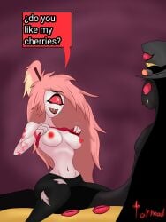 1boy 1girls boobs boobs_out breasts breasts_out cherri_bomb_(hazbin_hotel) demon_girl female hazbin_hotel reptile sharp_teeth shirt_lift sir_pentious_(hazbin_hotel) snake straight tits tits_out tormod717