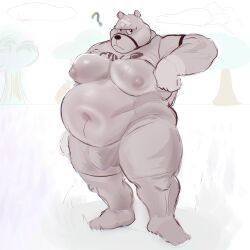 absurd_res animal_crossing anthro bear belly bodily_fluids breasts bulge clothed clothing clothing_lift confusion curt_(animal_crossing) debudraws fat fat_belly frown grass hi_res male mammal navel nintendo obese obese_male overweight overweight_male plant shirt shirt_lift solo sweat topwear tree underwear