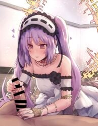 1boy armlet bare_shoulders blush bracer breasts censored choker collarbone cum dress ejaculation erection fate/grand_order fate_(series) female frilled_hairband frills hairband halo handjob jewelry long_hair lypele necklace open_mouth parted_bangs penis purple_eyes purple_hair ring sidelocks small_breasts smile stheno_(fate) straight twintails very_long_hair white_dress