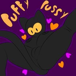 alpog21_(artist) anthro big_breasts black_body black_breasts black_ears black_legs black_pussy black_tail breasts domestic_cat felid feline felis female genitals google google_doodle hi_res magic_cat_academy mammal momo_(google) nude orange_eyes orange_heart plump_labia purple_background pussy simple_background solo tail