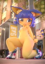 3d_(artwork) animal_crossing ankha_(animal_crossing) ankha_(zy0n7) anthro ass bangs better_version_at_paywall big_butt blue_ears blue_hair bob_cut breasts clothing crouching cuff_(restraint) detailed_background digital_media_(artwork) domestic_cat embarrassed embarrassed_nude_female felid feline felis female female_only footwear hair hand_behind_back handcuffed handcuffed_to_pole handcuffs hi_res inner_ear_fluff jewelry kneeling looking_down mammal markings metal_cuffs nintendo nudaya nude on_ground on_one_knee open_mouth public public_exposure public_nudity qr_code restraints shoes shoes_only short_stack signature small_breasts sneakers sneakers_only solo striped_markings striped_tail stripes tail tail_markings tail_motion tailwag tuft wide_eyed wide_hips yellow_body yellow_inner_ear yellow_inner_ear_fluff