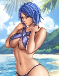 1girls alternate_version_available aqua_(kingdom_hearts) arms_on_breasts artist_logo beach beach_background blue_eyes blue_hair breasts brown_lipstick clouds daytime detailed_background female female_only flowerxl kingdom_hearts looking_at_viewer ocean pale-skinned_female purple_bikini purple_eyes purple_panties seductive_smile short_hair solo square_enix upper_body video_game_character wide_hips widescreen