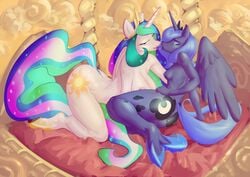 2011 alicorn all_fours ass big_breasts blue_hair blue_nipples breasts crown cutie_mark female friendship_is_magic furry green_eyes hair hooves horn incest javkiller long_hair looking_at_viewer multicolored_hair my_little_pony nipples nude pegacorn princess_celestia_(mlp) princess_luna_(mlp) purple saliva_string siblings sister sisters sitting smooth_skin tail thighs white_fur wings yuri