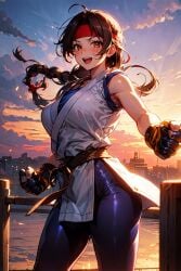 ai_generated belt big_breasts brown_eyes brown_hair gloves karate_gi king_of_fighters light-skinned_female light_skin long_hair outdoors outside thick_thighs yoga_pants yuri_sakazaki