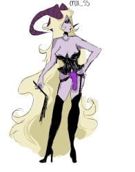 1girls blonde_hair bondage corset crux_ss_(artist) dildo femdom hazbin_hotel horns large_dildo latex lilith_morningstar_(hazbin_hotel) monster_girl public_domain purple_skin religion solo_focus strap-on strapon whip