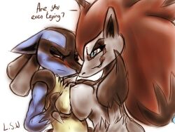 anthro artist_initials blush breast_squish breasts breasts_frottage dialogue duo female female/female fur generation_4_pokemon generation_5_pokemon hair lopsidedworld lucario nintendo pokemon pokemon_(species) squish teasing zoroark