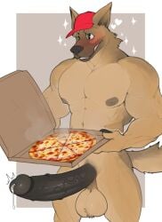 absurd_res anthro balls big_balls big_pecs big_penis black_penis blush bodily_fluids brown_body brown_fur canid canine canis container delivery_(commerce) delivery_employee deuzion domestic_dog dripping erection food food_delivery fur genital_fluids genitals green_eyes hi_res huge_cock humanoid_genitalia humanoid_penis male mammal muscular muscular_anthro muscular_male nipples pecs penis pizza pizza_box pizza_delivery precum precum_drip solo steam