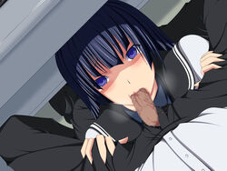 :>= blue_hair blush censored clothing fellatio hair kampfer long_hair looking_at_viewer looking_up oral purple_eyes saliva sangou_shizuku sweat under_the_table