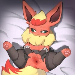 absurd_res anus bedding bodily_fluids bottomwear clitoris clothed clothed_feral clothing eeveelution felid feline female feral flareon flong generation_1_pokemon genital_fluids genitals green_sclera hi_res legwear looking_at_viewer mammal neck_tuft nintendo pawpads pokemon pokemon_(species) pupils pussy rita_(starei) skirt solo spread_pussy spreading stripes thigh_highs tuft vaginal_fluids white_pupils