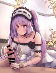 1boy armlet bare_shoulders blush bracer breasts censored choker collarbone dress erection fate/grand_order fate_(series) female frilled_hairband frills hairband halo handjob jewelry long_hair lypele necklace parted_bangs penis purple_eyes purple_hair ring sidelocks small_breasts smile stheno_(fate) straight twintails very_long_hair white_dress