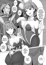 1boy 1girls alternate_costume arm_grab ass ass_shake assertive assertive_female bangs bare_shoulders breasts bunny_ears bunny_girl bunny_tail bunnysuit celica_(fire_emblem) cleavage comic cuddling detached_sleeves doujin earrings english_text female female_focus fire_emblem fire_emblem_echoes:_shadows_of_valentia gloves greyscale imminent_sex indoors large_ass large_breasts leotard long_sleeves male medium_hair monochrome motion_lines night nintendo older_male pantyhose prostitution queen revolverwingstudios royalty seductive shoulders smile tail tavern text thick_thighs thighs waitress younger_female