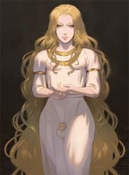 1boy blonde_hair chastity chastity_cage chastity_device elden_ring expressionless femboy flat_chastity_cage fromsoftware lips looking_at_viewer magic miquella muscular see-through_dress shadow_of_the_erdtree simple_background solo solo_femboy standing targso very_long_hair