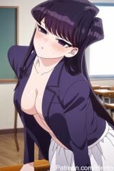 ai_generated black_hair blush blushing blushing_at_viewer breasts_out dark_eyes dark_hair female_only flushed flushed_face hento highschool komi-san_wa_komyushou_desu komi_can't_communicate komi_shouko lidded_eyes lips_parted looking_at_viewer mouth_open pale-skinned_female pale_skin school_desk school_girl school_uniform schoolgirl shy skirt sole_female staring_at_viewer