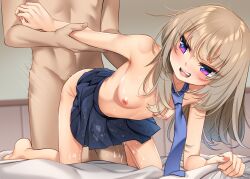 1boy arai_togami blue_necktie breasts brown_hair commentary_request cum doggy_style female highres long_hair motion_lines necktie open_mouth original purple_eyes sex sex_from_behind small_breasts teeth topless upper_teeth_only